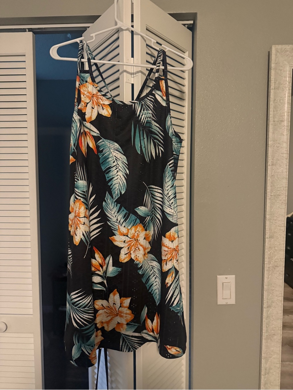Black Tropical Floral Slip Dress with Orange Accents